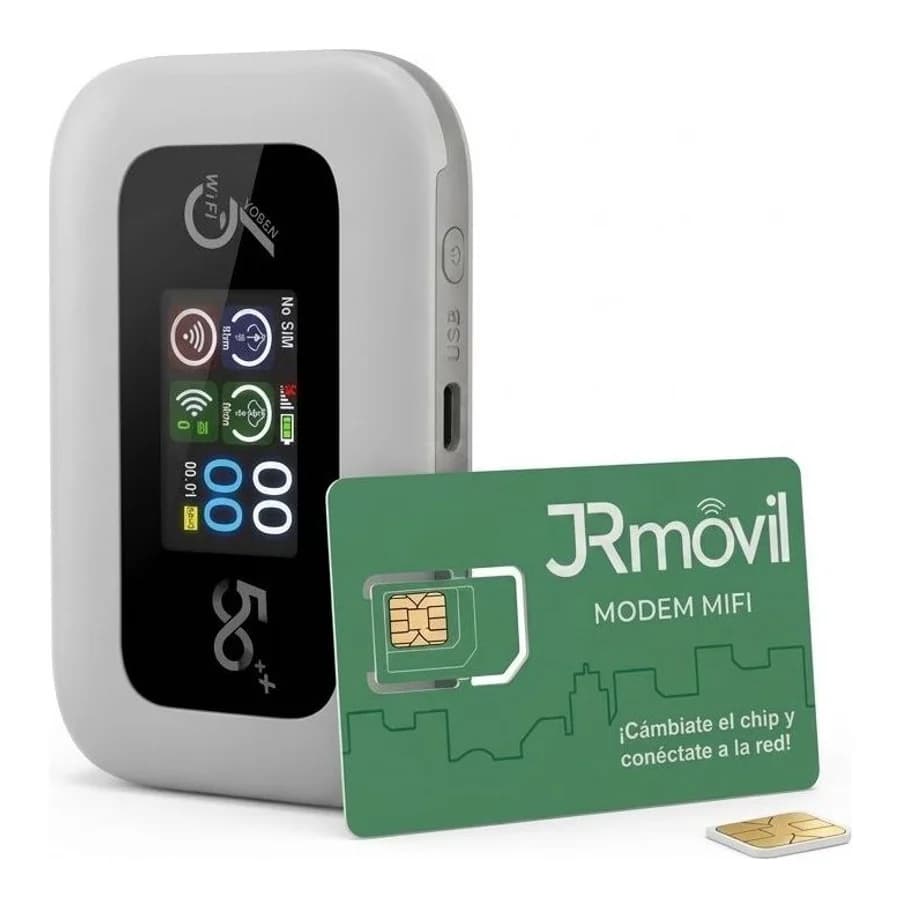 Módem MIFI junto a la tarjeta del chip JR Móvil para módem MIFI.