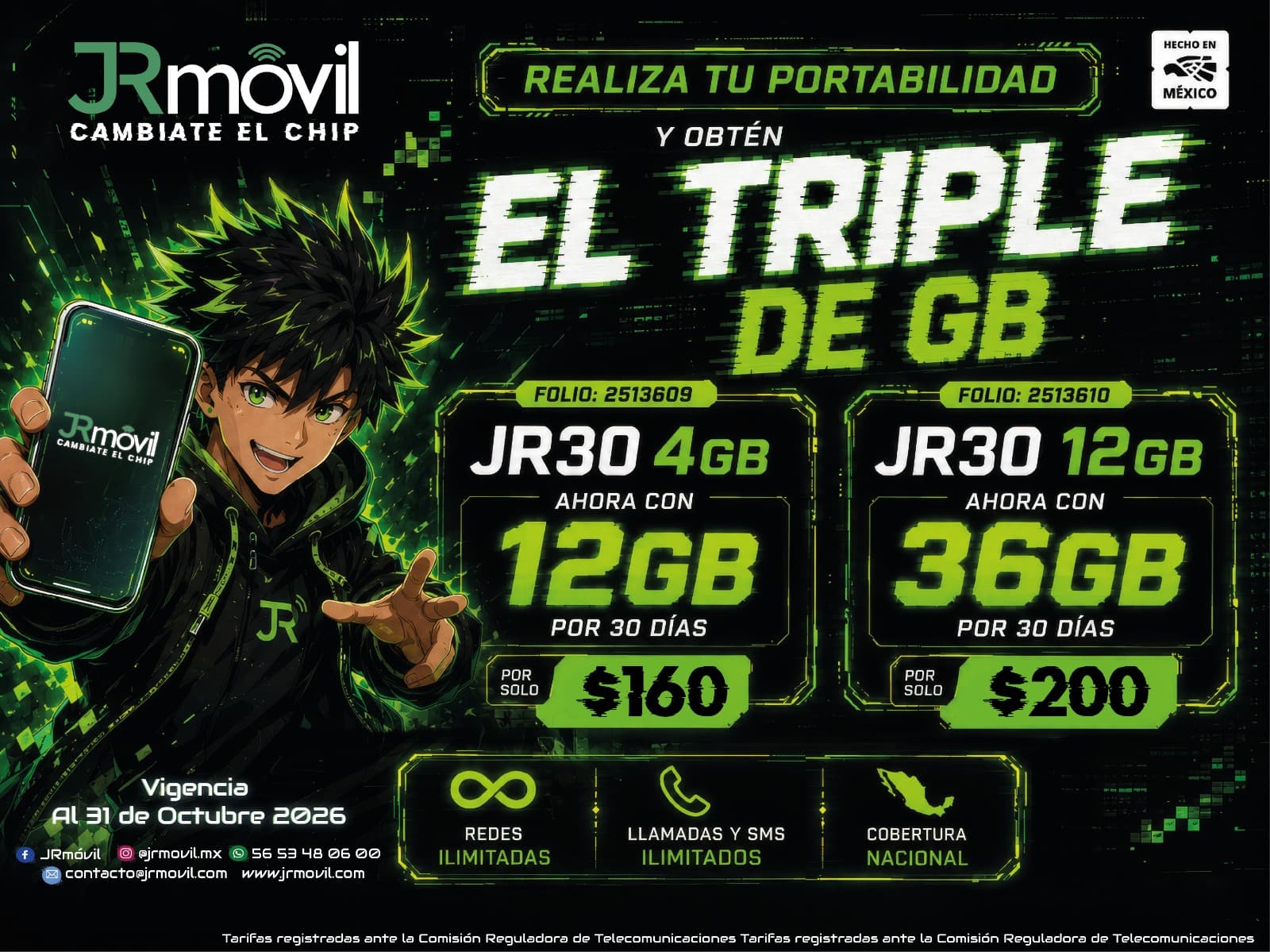 Folleto: el triple de gigas al portar tu número en los planes JR30 de 4 y 12 GB, vigente al 31 de octubre de 2026.
