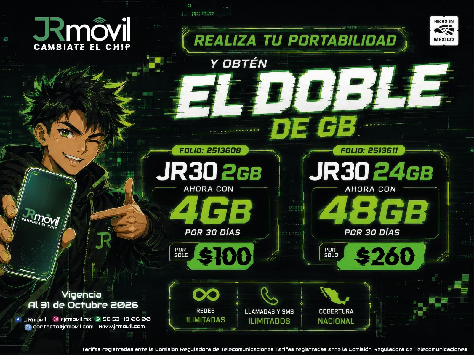 Folleto: el doble de gigas al portar tu número en los planes JR30 de 2 y 24 GB, vigente al 31 de octubre de 2026.